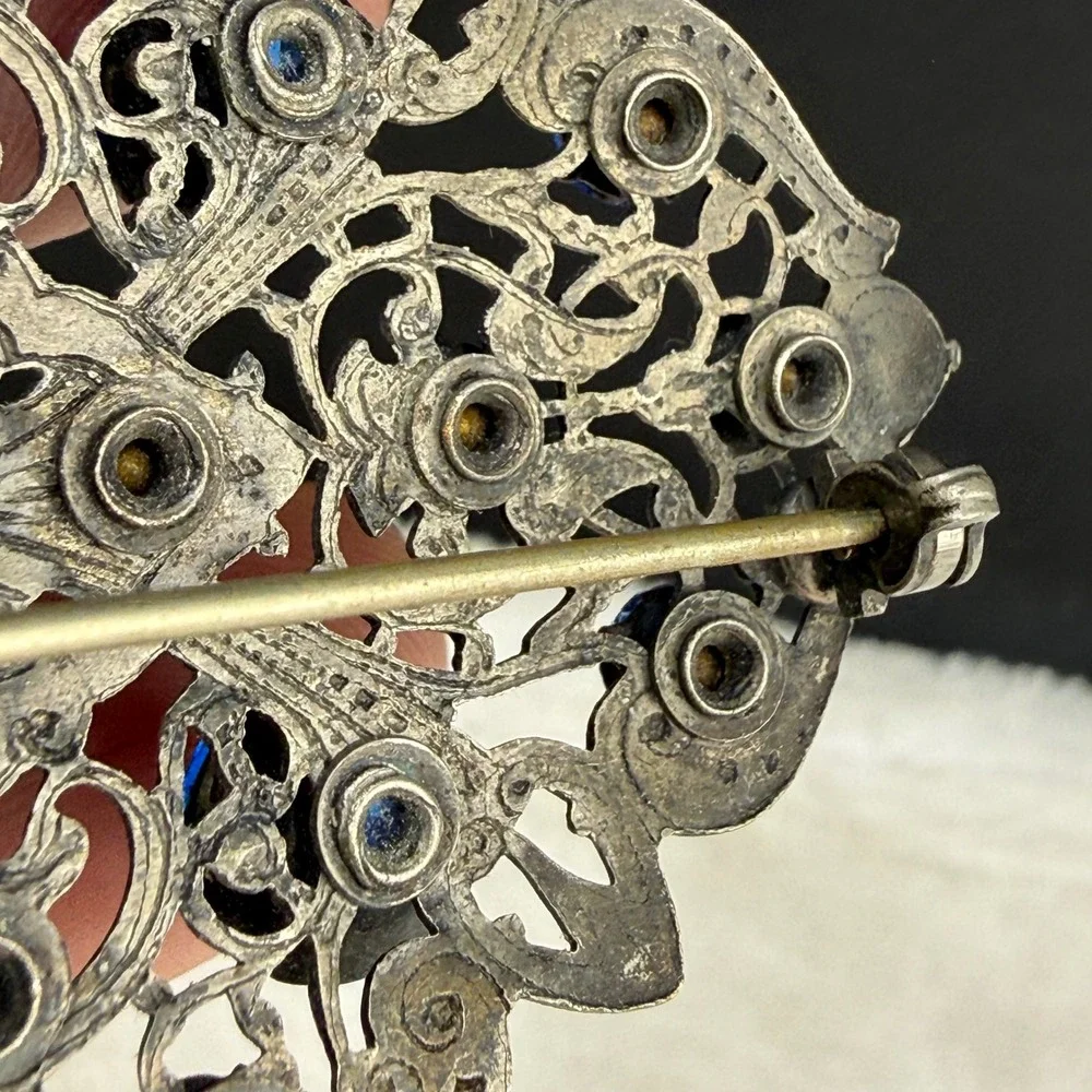 Vintage Brooch Blue Rhinestone Filigree Silver Tone